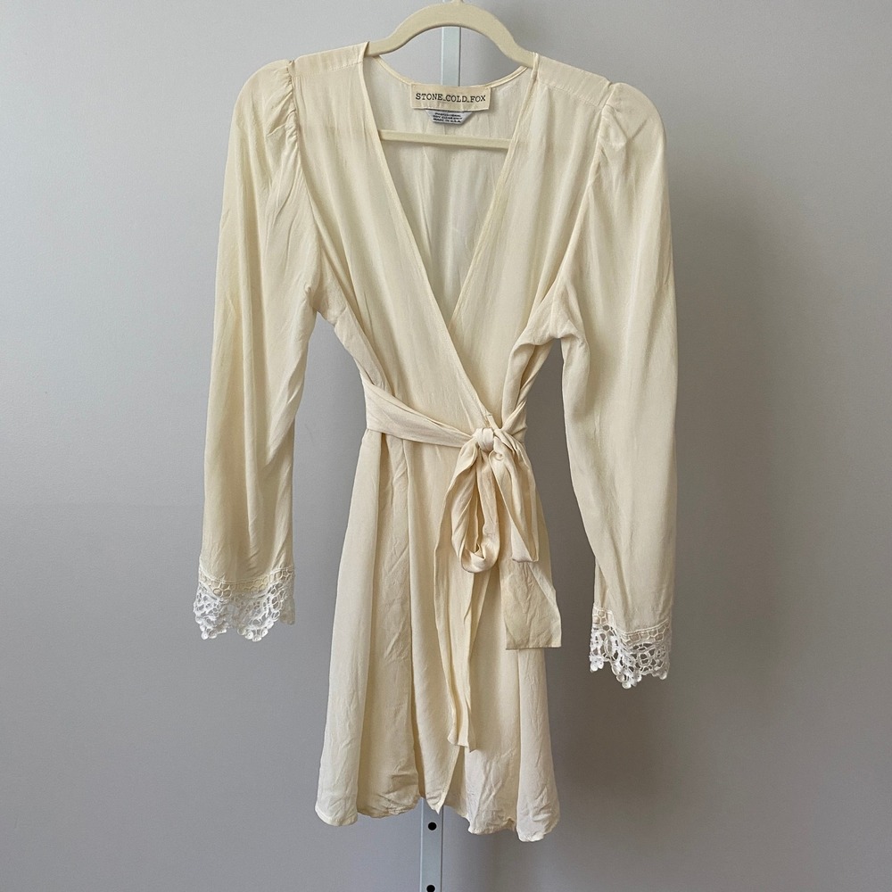 Stone Cold Fox Silk Boho Ethereal Crochet Trim Wrap Mini Dress Cream